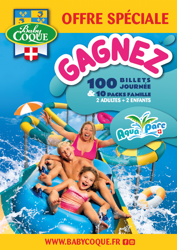 Affiche avec une famille sur une bouée dans un tobogan au parc Aquaparc